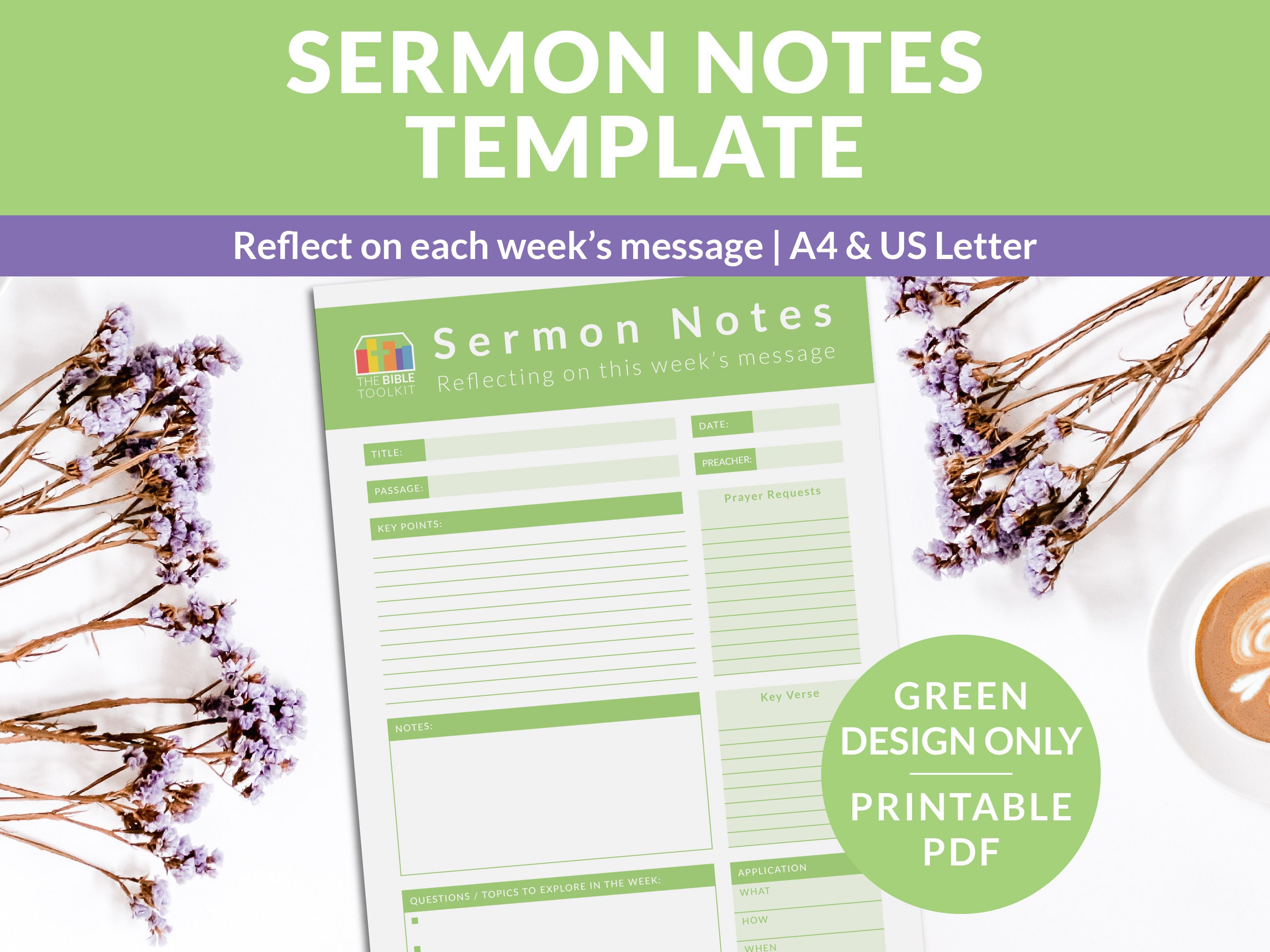 Green Sermon Notes Template Printable Scripture Writing Worksheet Bible ...