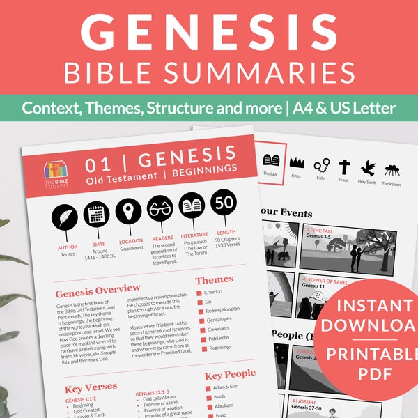 Genesis printable Bible cheat sheet, Old Testament summaries, Books of the Bible breakdown, Christian tool inductive study, Daily devotional
