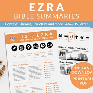 May include: A printable PDF download for a Bible study guide on the book of Ezra. The guide includes information about the author, date, location, readers, literature, length, themes, key verses, and key people. The guide is divided into two sections: rebuilding the temple and rebuilding the people. The guide is designed for use with the Bible ToolKit.