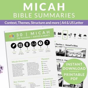 Può includere: Un download di PDF stampabile per una guida allo studio biblico sul libro di Michea. La guida include informazioni sull'autore, la data, la posizione, i lettori, la letteratura, la lunghezza, i temi, i versetti chiave e le ingiustizie. La guida è divisa in due sezioni: I peccati di Israele e Lezioni da Michea.