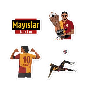 May include: A collection of stickers featuring soccer-themed illustrations. One sticker displays the text "Mayıslar bizim" in yellow and white on a black and red background. Other stickers depict soccer players, a trophy, and a soccer ball.
