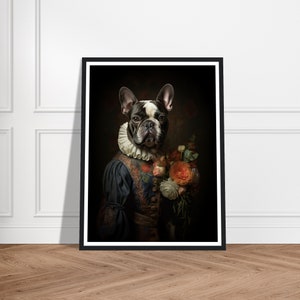 Vintage French Bulldog Portrait Art Print - Floral Regency French Bulldog Poster - Classic Renaissance Dog Animal Artwork Framed or Unframed