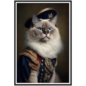 Ragdoll Cat Art Print - Cat In Military Uniform - Ragdoll Cat Portrait Renaissance Style Wall Art Print Poster - Framed or Unframed