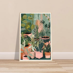 Fête de plantes d'intérieur en pot - Impression d'art mural illustrée - Poster d'art mural bohème avec ou sans cadre - Art déco bohème - Impressions de plantes d'intérieur vertes