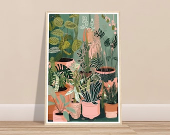 May include: A colorful illustration of a variety of potted plants in different shades of green, with some plants having pink flowers. The plants are in terracotta pots with a light pink glaze. The background is a light green color.