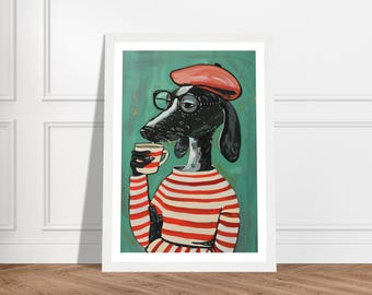 French Dog Coffee Art Print: Matisse-Inspired Anthropomorphic Pet Portrait
