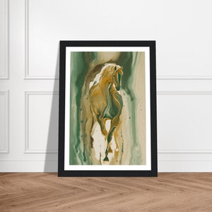 Impresión abstracta de caballo - Pintura abstracta de caballo, arte fluido - Impresión de arte mural de animales verdes y dorados - Póster de obra de arte de caballo enmarcado o sin marco