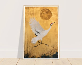 May include: A white crane with red accents flies against a gold background with a black silhouette of a tree in a circle. The crane is in mid-flight with its wings spread wide.