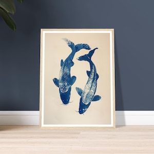 Obraz Koi Fish - Minimalistyczny niebieski Koi Fish Wall Art Print - Japońskie dzieło sztuki - Plakat Koi w ramie lub bez ramy