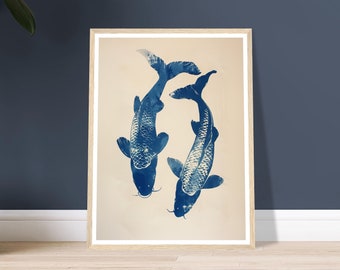 Blue Koi Fish Art Print: Minimalist Japanese Wall Decor