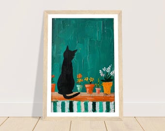 May include: A black cat sits on a windowsill, looking out at a teal green wall.  There are several potted plants with white flowers on the windowsill.