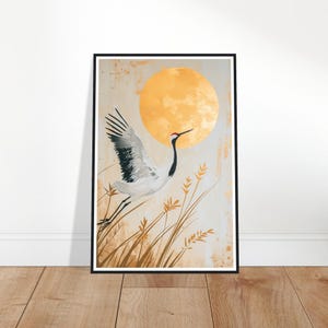 Soaring Crane Over Golden Vistas Painting - Whimsical Nature-Inspired Art - Japanese Crane Wall Art