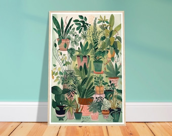 May include: A colorful illustration of a variety of potted plants in different sizes and shapes. The plants are arranged in a vertical composition, with some plants overlapping others. The plants are all in different shades of green, with some having brown or red accents. The illustration is set against a white background.