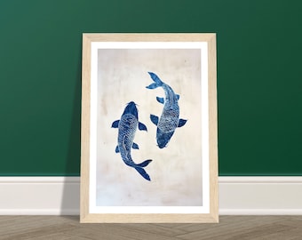 Blue Koi Fish Art Print: Japanese Woodcut-Inspired Artwork