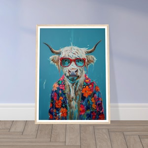 Boho Highland Cow Painting Portrait – Highland Cow Flower Jacket - Whimsical Bold Animal Art Print