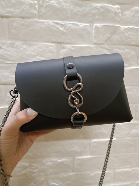 Black Leather Bag With Metal Snake Element Leather Shoulder Bag With Chain Handle Cross Body Bag Small Leather Cross Body Bag Mini Bag Etsy