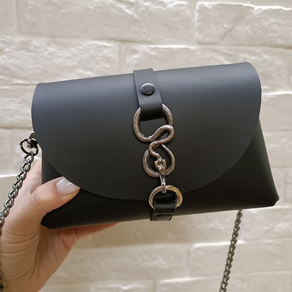 Black leather bag with metal snake element, Leather shoulder bag with chain handle, Cross body bag, Small leather cross body bag, Mini bag