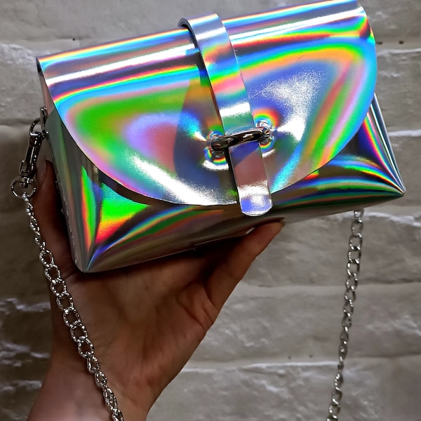 Sac holographique, sac à bandoulière en cuir, sac cross body, petit sac cross body en cuir, mini sac, sac arc-en-ciel