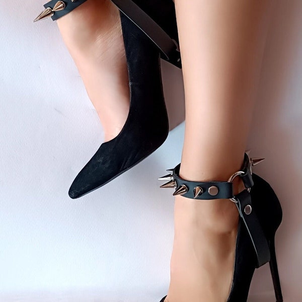 Ankle Cuffs with Metal Spikes and High Heel Strap, Leather Ankle Straps with Metal Spike Accents and High Heel Attachment