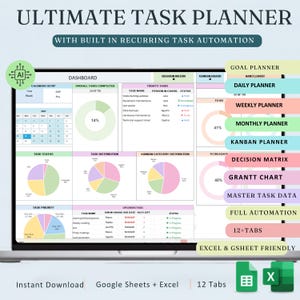 Peut inclure: Un planificateur de tâches numérique affiché sur un écran d'ordinateur portable intitulé ULTIMATE TASK PLANNER WITH BUILT IN RECURRING TASK AUTOMATION. Le tableau de bord comprend un calendrier, des graphiques et des listes. Les étiquettes latérales incluent Goal, Daily, Weekly, Monthly, Kanban, Decision Matrix, Gantt Chart, Master Task Data, Full Automation, 12+ Tabs et Excel & Gsheet Friendly.