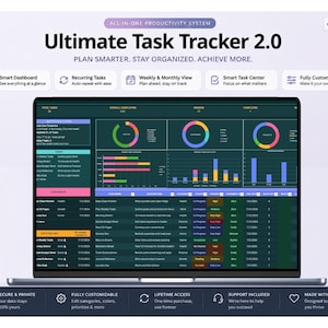 Pode incluir: Um sistema de produtividade digital intitulado Ultimate Task Tracker 2.0 exibido na tela de um laptop. A interface apresenta um painel escuro com gráficos de rosca coloridos, gráficos de barras e uma lista de tarefas detalhada com colunas.