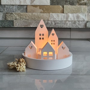 Decorative plate with light houses | Horizontal stripes | grooves | village | Gift Set | Scandi | plain | city | Houses | Tealight holder | cottage