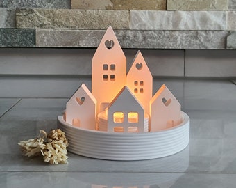 Decorative plate with light-up houses | Horizontal stripes | Grooves | Village | Gift set | Scandinavian | Simple | City | Houses | Tealight holder | Cottages