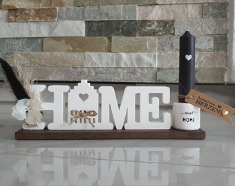 Schriftzug "HOME" | Aufsteller | Tischdeko | Kerzenhalter, Kerze Trockenlumen | Skandi | Einzug | Geschenk | Hygge | Mitbringsel | Wohndeko