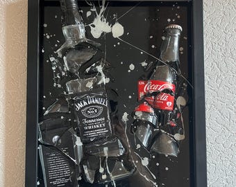 Jack Daniels / Coca-Cola - Idea de regalo / Arte con botellas rotas | Hecho a mano | Regalo de Navidad