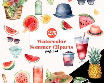 25 Sommer Watercolor Clipart | Transparent Background | Commercial Use | png/psd