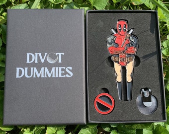 Golf Divot Tool & Ball Marker Set, Magnetic Marker, Deadpool Inspired, Great for Gifts, Divot Repair Tool