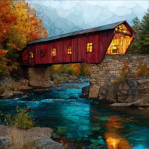 May include: A red covered bridge with rectangular windows and a metal roof, supported by stone abutments over a flowing river. The scene features autumn foliage in shades of orange and yellow, with a blue, textured water surface reflecting light.
