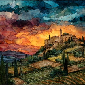 May include: A watercolor painting depicts a Tuscan landscape at sunset. The artwork features a hilltop village with a church, cypress trees, and cultivated fields. The sky transitions from orange to blue, with dramatic cloud formations.