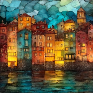 May include: A colorful painting of a waterfront town with buildings in shades of orange, yellow, blue, and red. The buildings have multiple windows and red tile roofs. The water reflects the colors of the buildings and the sky above. The sky is a mosaic of blue and turquoise.