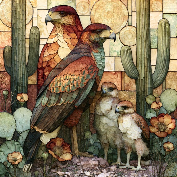 Saguaro Harris's Hawk Family Ceramic Tile, Desert Raptor Wall Art Gift for Wildlife Lover