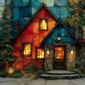 May include: A house with a stained glass facade featuring vibrant red and blue panels. The structure includes a wooden door, stone base, and glowing windows. A tall evergreen tree stands to the left, and outdoor lanterns illuminate the entrance.