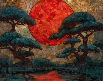 Tofukuji Koyo Ceramic Tile, Kyoto Wall Art, Stained Glass Wall Art, Kyoto Travel Gift, Gift for Shrine Lover