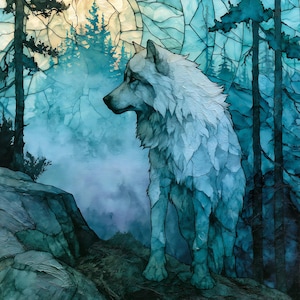 May include: A stained glass style artwork featuring a white wolf standing on a rocky ledge. The background depicts a dense forest of pine trees in shades of teal and blue, with a large circular moon glowing behind the wolf in the center.