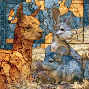 May include: A textured artwork featuring a golden-brown alpaca, a light gray rabbit, and a small blue-gray chinchilla. The animals are depicted with a cracked, mosaic-like surface against a background of blue and gold geometric stained glass patterns.