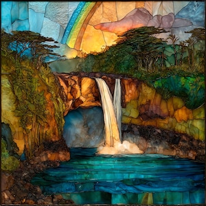 Rainbow Falls Big Island Ceramic Art Tile, Stained Glass Wall Art, Hawaii Travel Gift, Tropical Waterfall Decor, Gift for Hiker