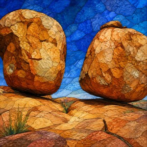 May include: A mosaic-style artwork depicting two large, rounded orange and brown boulders resting on a rocky landscape. The background features a vibrant blue sky composed of irregular, interlocking segments that resemble stained glass.