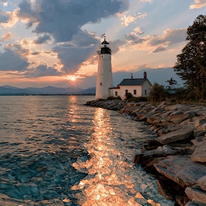 May include: A white lighthouse stands on a rocky shoreline beside a small building at sunset. The sun sets over distant mountains, casting a golden reflection across the water, which features a distinct mosaic-like pattern in the foreground.