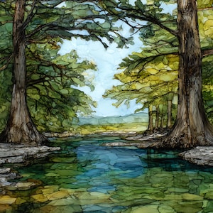 May include: An artistic depiction of a serene landscape featuring a river flowing between large trees. The artwork showcases a vibrant color palette of greens, blues, and browns, with a focus on the interplay of light and shadow. The scene evokes a sense of tranquility.