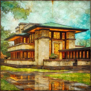 May include: A multi-level house with stone walls, horizontal roof lines, and large windows featuring amber-colored glass panels. The structure includes a flat, green-toned roof, a stone terrace, and a paved walkway reflecting the warm interior light.