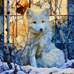 May include: An oil painting of a white arctic fox sitting in snow among birch trees. The background features a grid pattern with circular celestial map designs in shades of gold, amber, and deep blue, creating a textured, layered appearance.