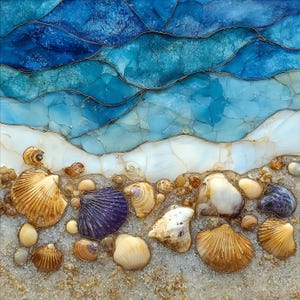 May include: A mosaic art piece depicting a shoreline with layered blue and white glass pieces representing ocean waves, separated by dark metal lines, resting above a sandy base covered in various natural tan, brown, and purple seashells.