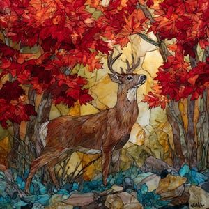 May include: A stained glass panel depicting a brown deer with antlers standing in a forest. The scene features vibrant red maple leaves, golden yellow light filtering through the trees, and a rocky ground with blue and brown accents.