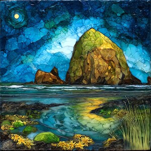 Haystack Rock Ceramic Tile, Oregon Wall Art, Stained Glass Wall Art, Oregon Travel Gift, Gift for North Coast Lover