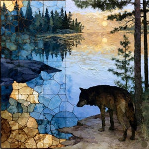 May include: A square wall art piece featuring a dark wolf standing on a rocky shore overlooking a lake at sunset. The left side displays a mosaic-style pattern of blue and tan glass-like segments, while the right side shows a painted landscape.