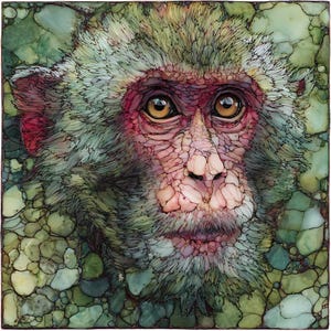 May include: A detailed, square artwork featuring a monkey's face. The monkey has light green fur, red around the eyes and ears, and a pink face. The background is a mosaic of green and light green shapes, creating a textured effect.